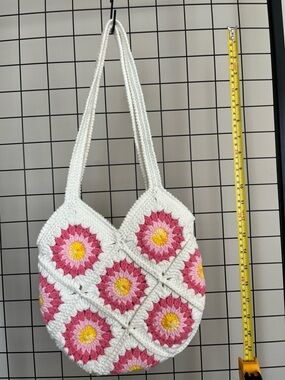 White Crochet Shoulder Bag with Pink and Yellow Floral Squares